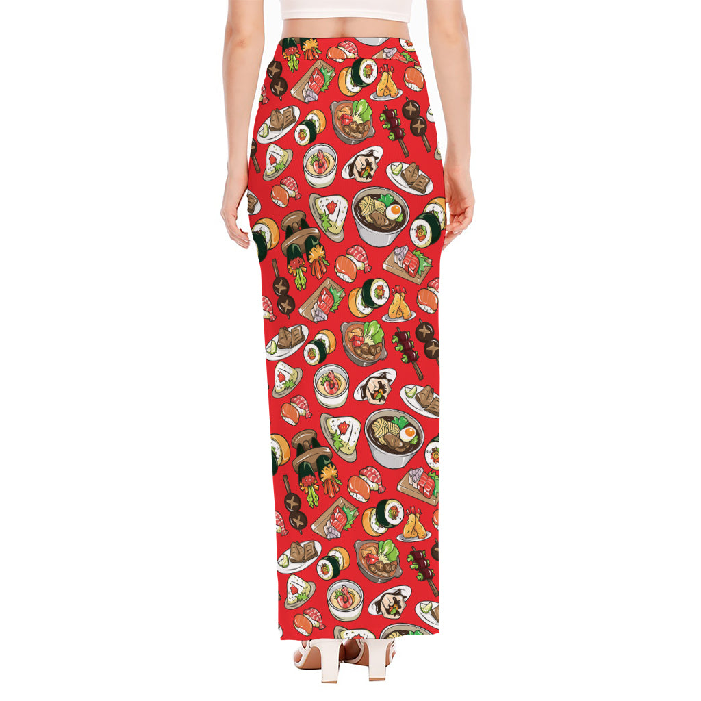 Japanese Food Pattern Print High Slit Maxi Skirt