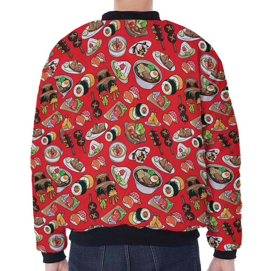Japanese Food Pattern Print Zip Sleeve Bomber Jacket