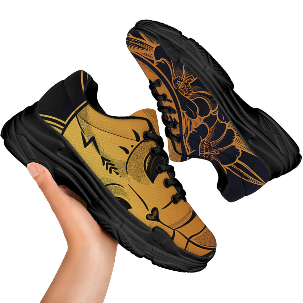 Japanese Fox Mask Print Black Chunky Shoes