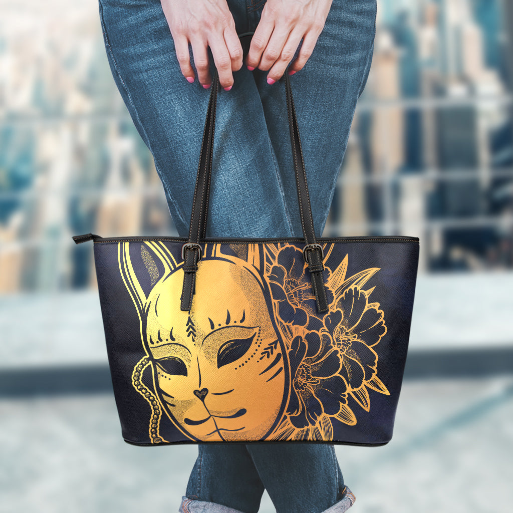 Japanese Fox Mask Print Leather Tote Bag