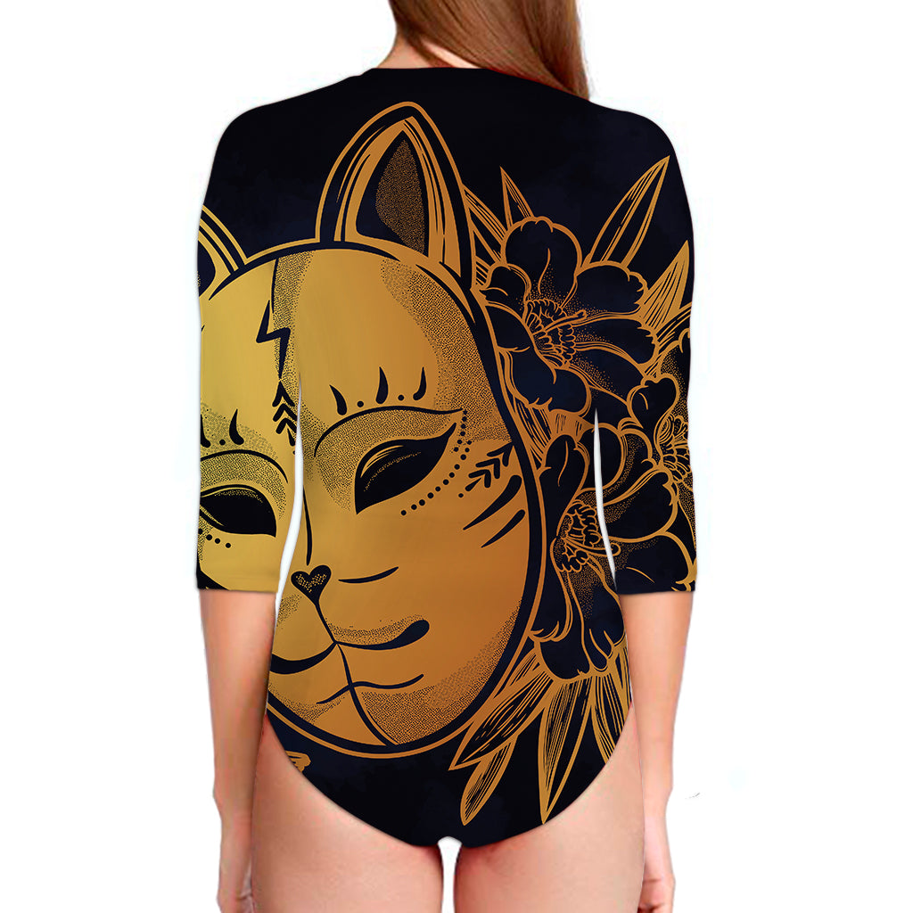 Japanese Fox Mask Print Long Sleeve Swimsuit