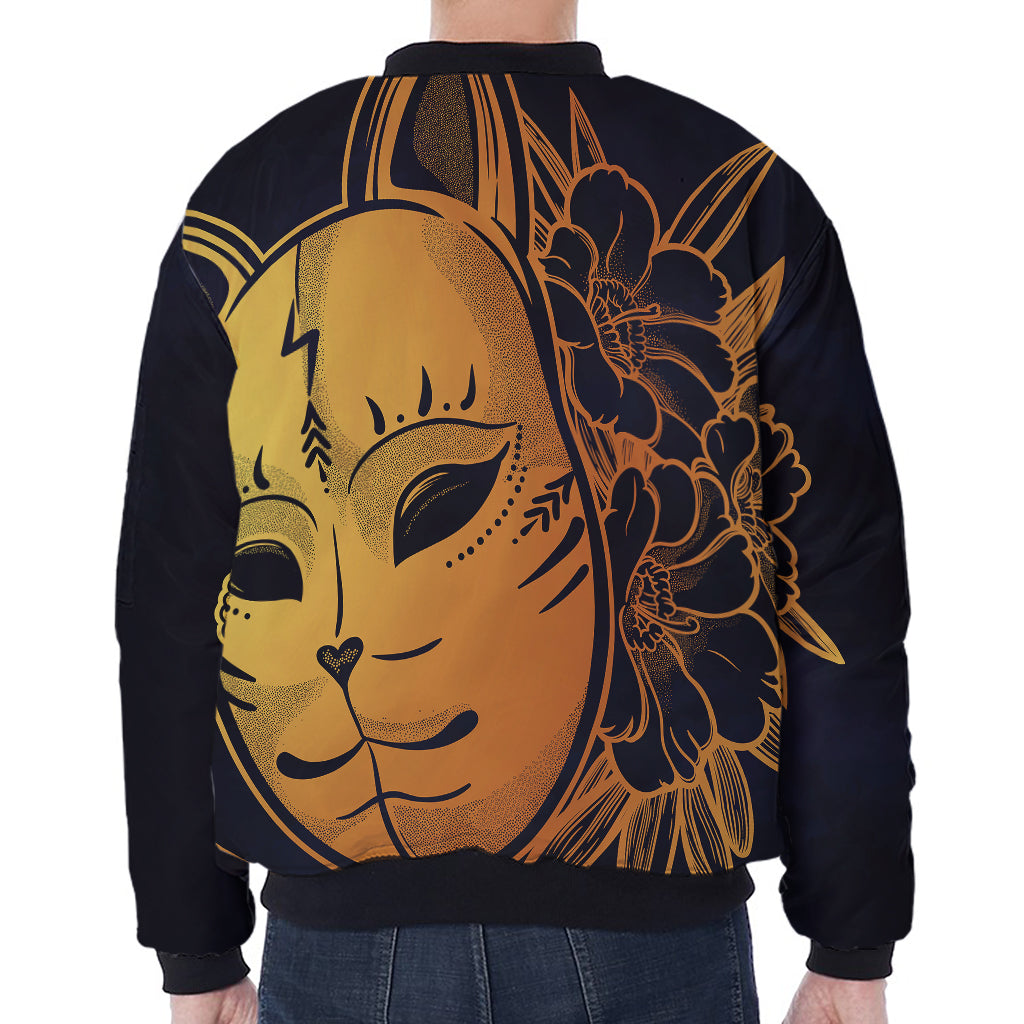 Japanese Fox Mask Print Zip Sleeve Bomber Jacket
