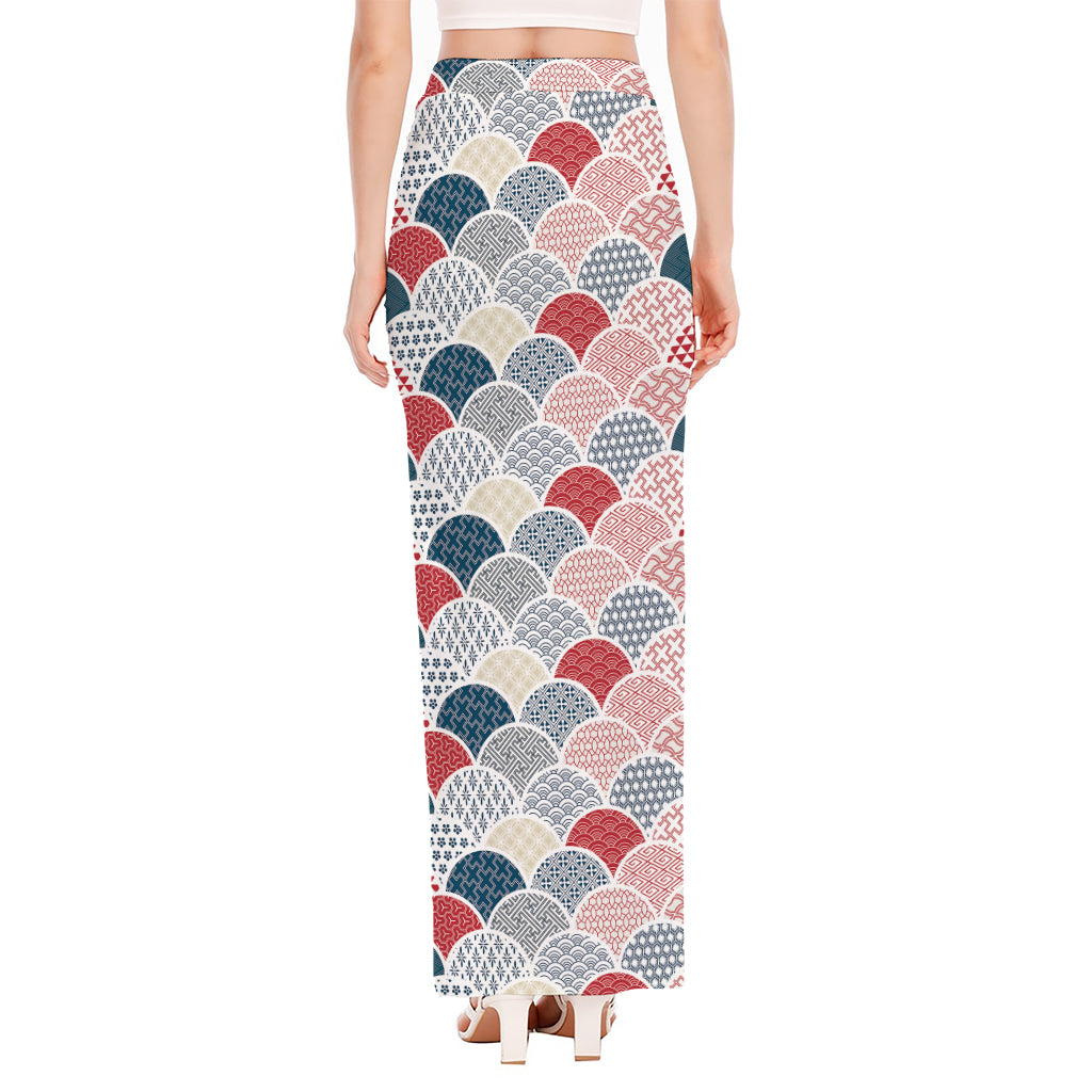 Japanese Geometric Pattern Print High Slit Maxi Skirt