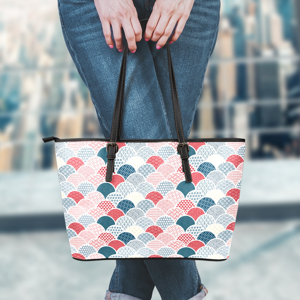 Japanese Geometric Pattern Print Leather Tote Bag