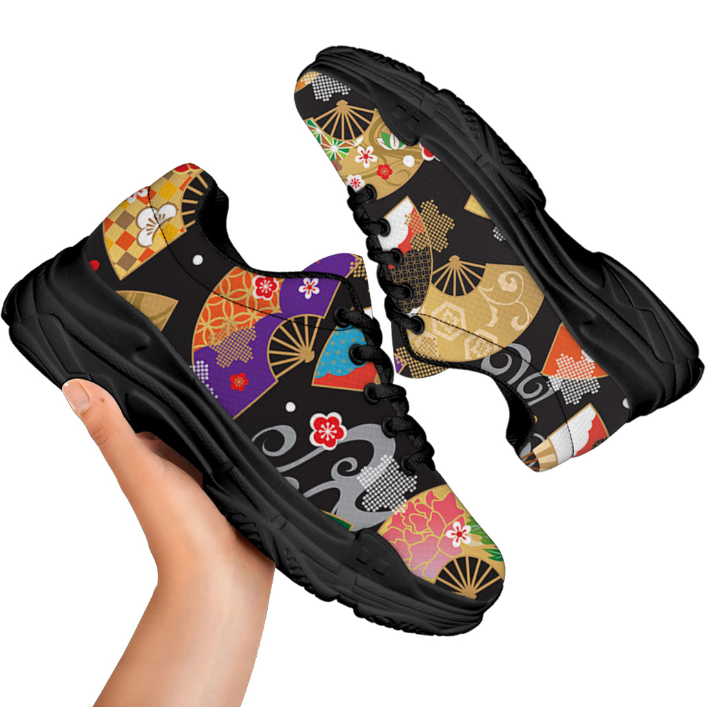 Japanese Hand Fan Pattern Print Black Chunky Shoes