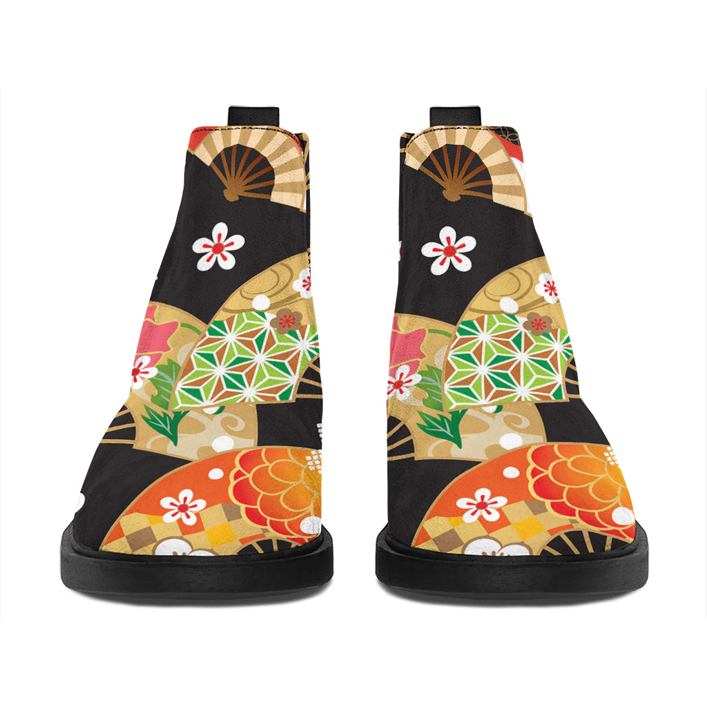 Japanese Hand Fan Pattern Print Flat Ankle Boots