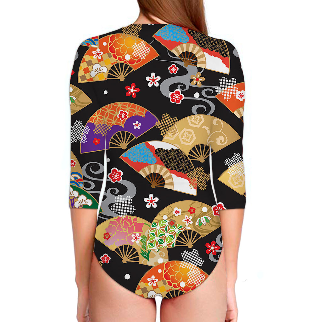 Japanese Hand Fan Pattern Print Long Sleeve Swimsuit