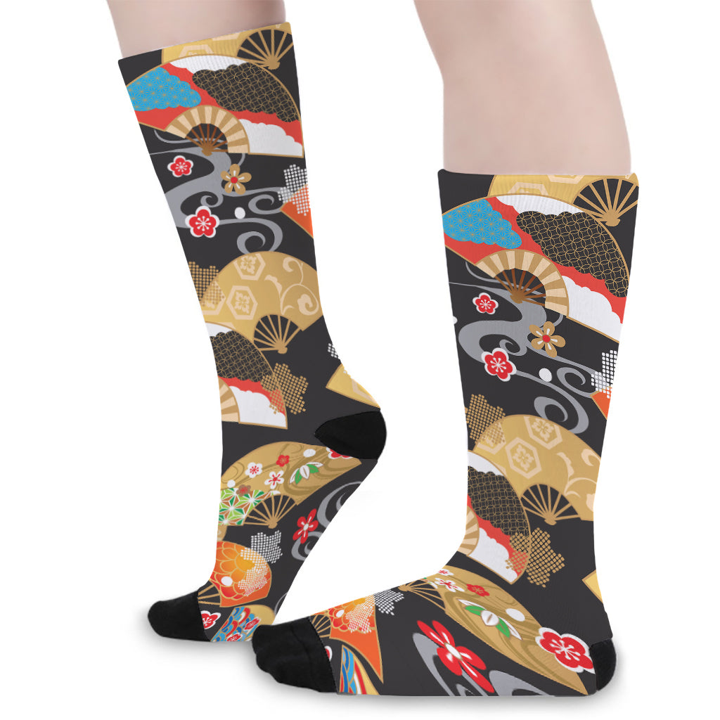 Japanese Hand Fan Pattern Print Long Socks