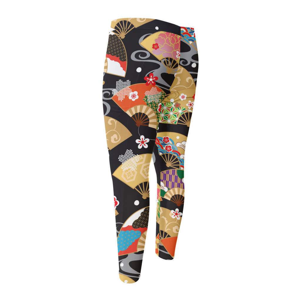 Japanese Hand Fan Pattern Print Men's Compression Pants
