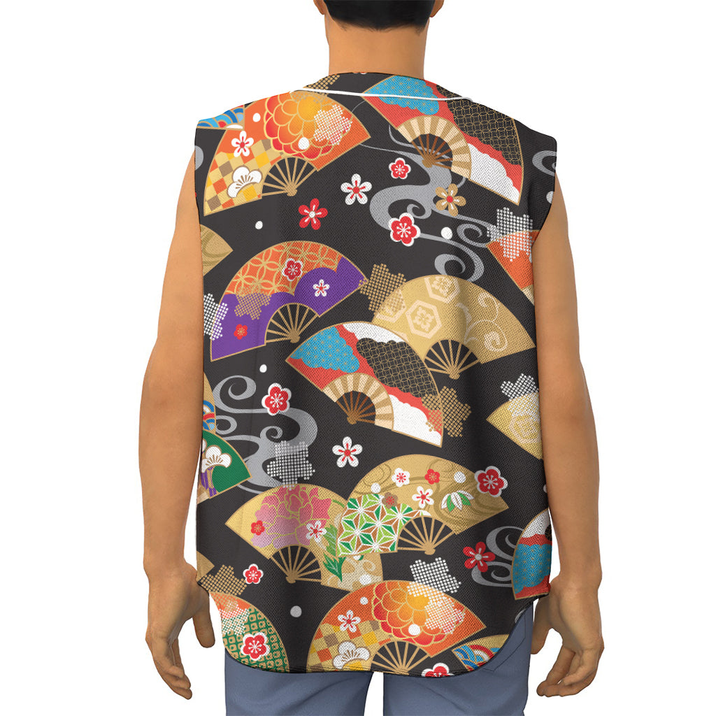 Japanese Hand Fan Pattern Print Sleeveless Baseball Jersey