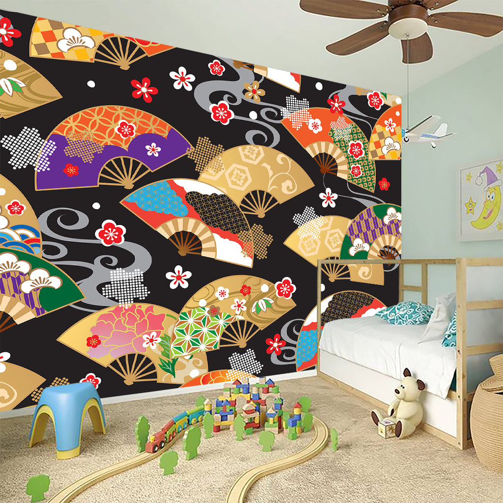Japanese Hand Fan Pattern Print Wall Sticker