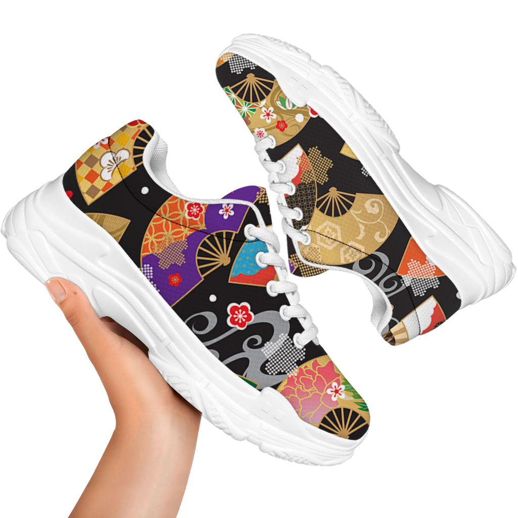 Japanese Hand Fan Pattern Print White Chunky Shoes