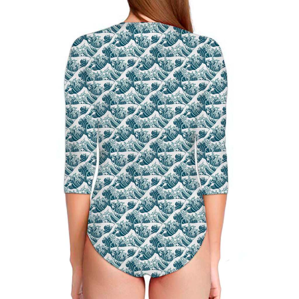 Japanese Kanagawa Wave Pattern Print Long Sleeve Swimsuit