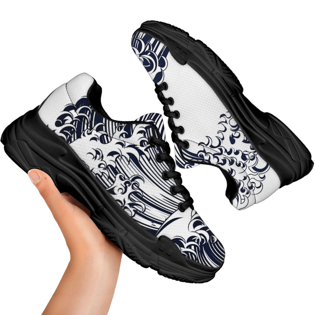 Japanese Kanagawa Wave Print Black Chunky Shoes