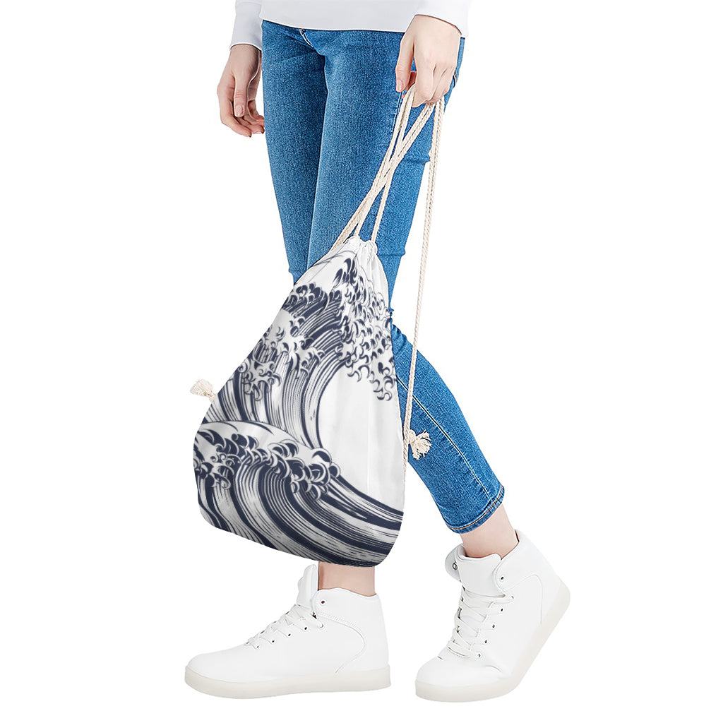 Japanese Kanagawa Wave Print Drawstring Bag