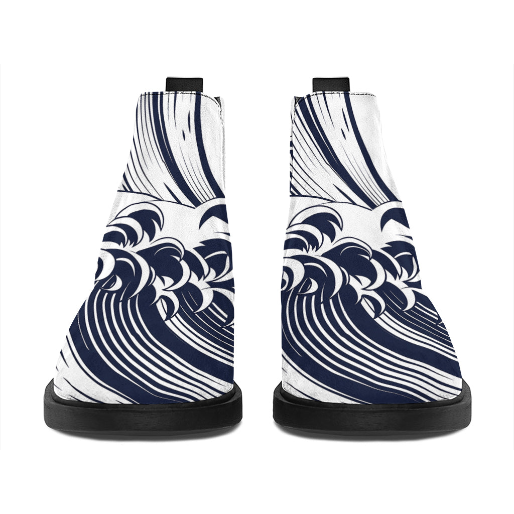 Japanese Kanagawa Wave Print Flat Ankle Boots