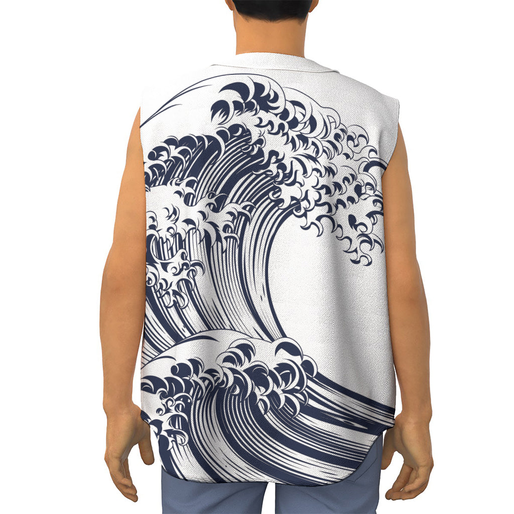 Japanese Kanagawa Wave Print Sleeveless Baseball Jersey