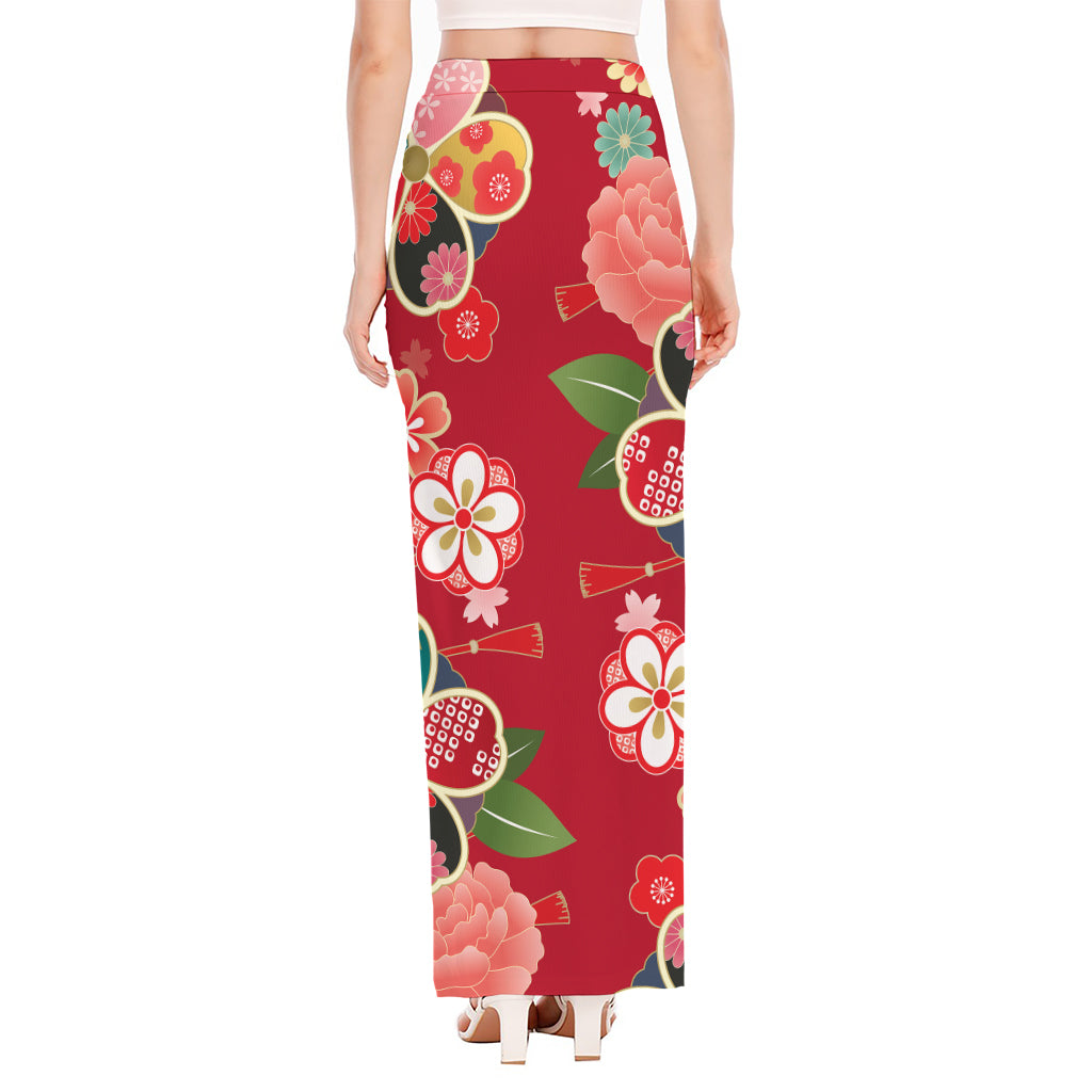 Japanese Kimono Pattern Print High Slit Maxi Skirt