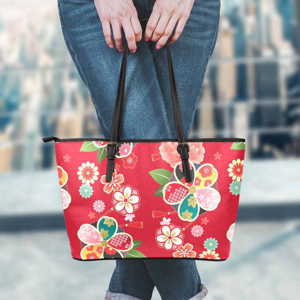 Japanese Kimono Pattern Print Leather Tote Bag