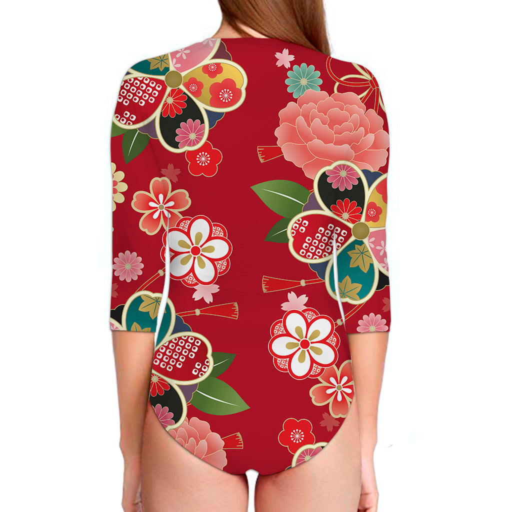 Japanese Kimono Pattern Print Long Sleeve Swimsuit