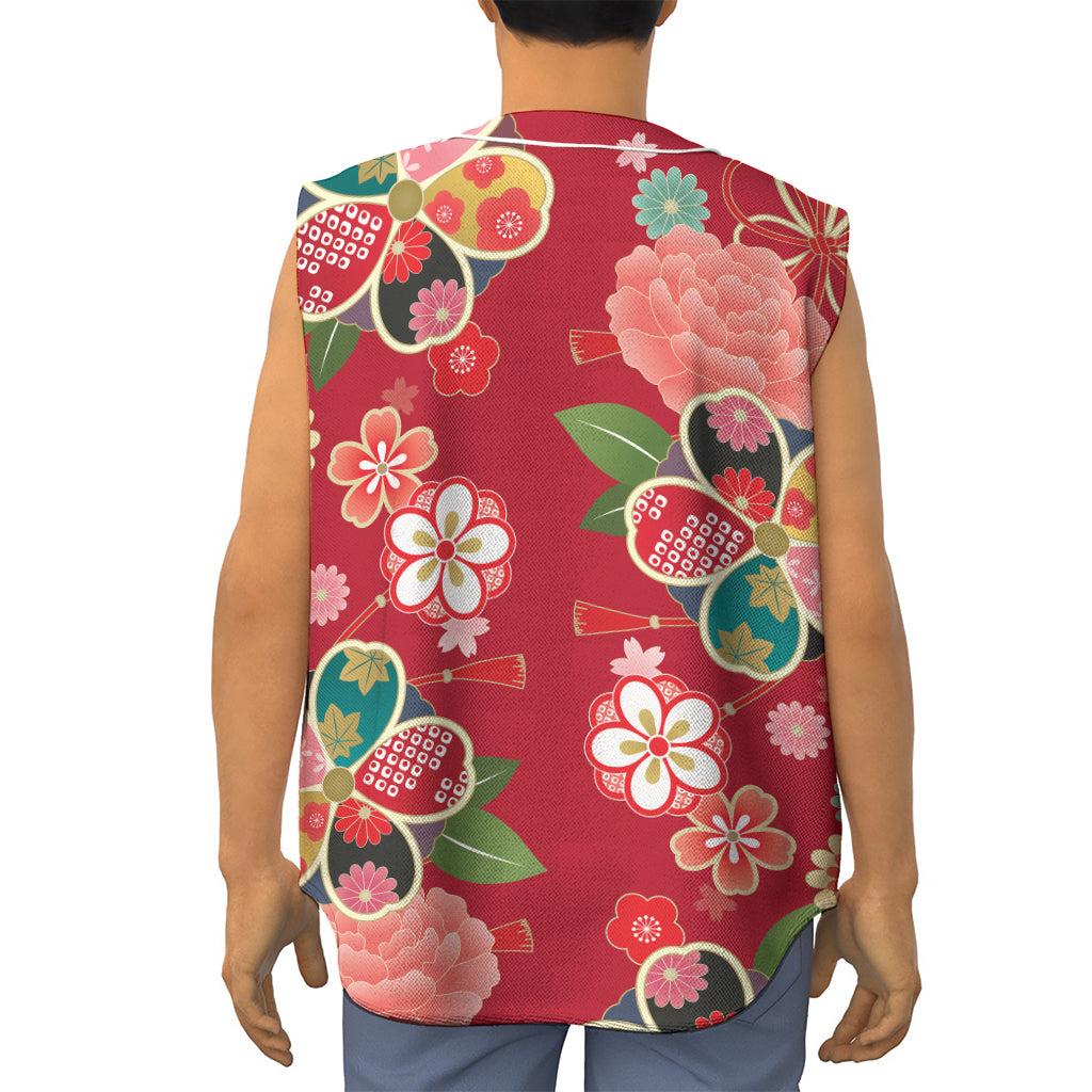 Japanese Kimono Pattern Print Sleeveless Baseball Jersey