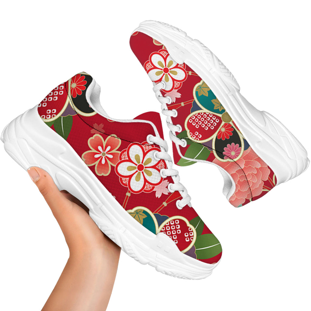 Japanese Kimono Pattern Print White Chunky Shoes