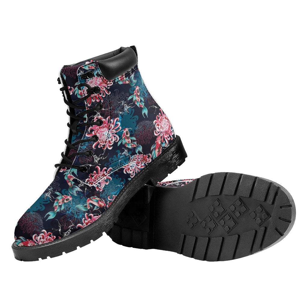 Japanese Koi And Chrysanthemums Print Work Boots
