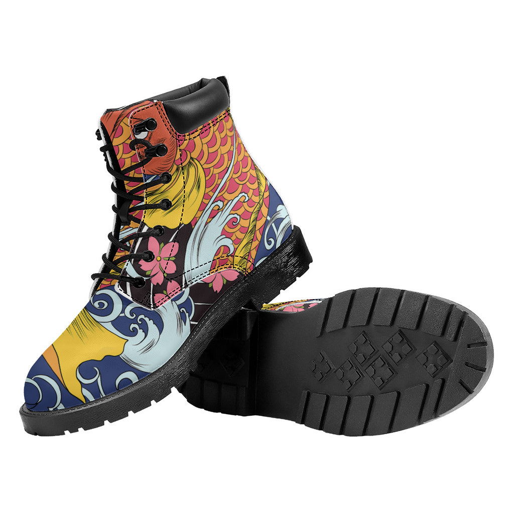 Japanese Koi And Flower Tattoo Print Work Boots