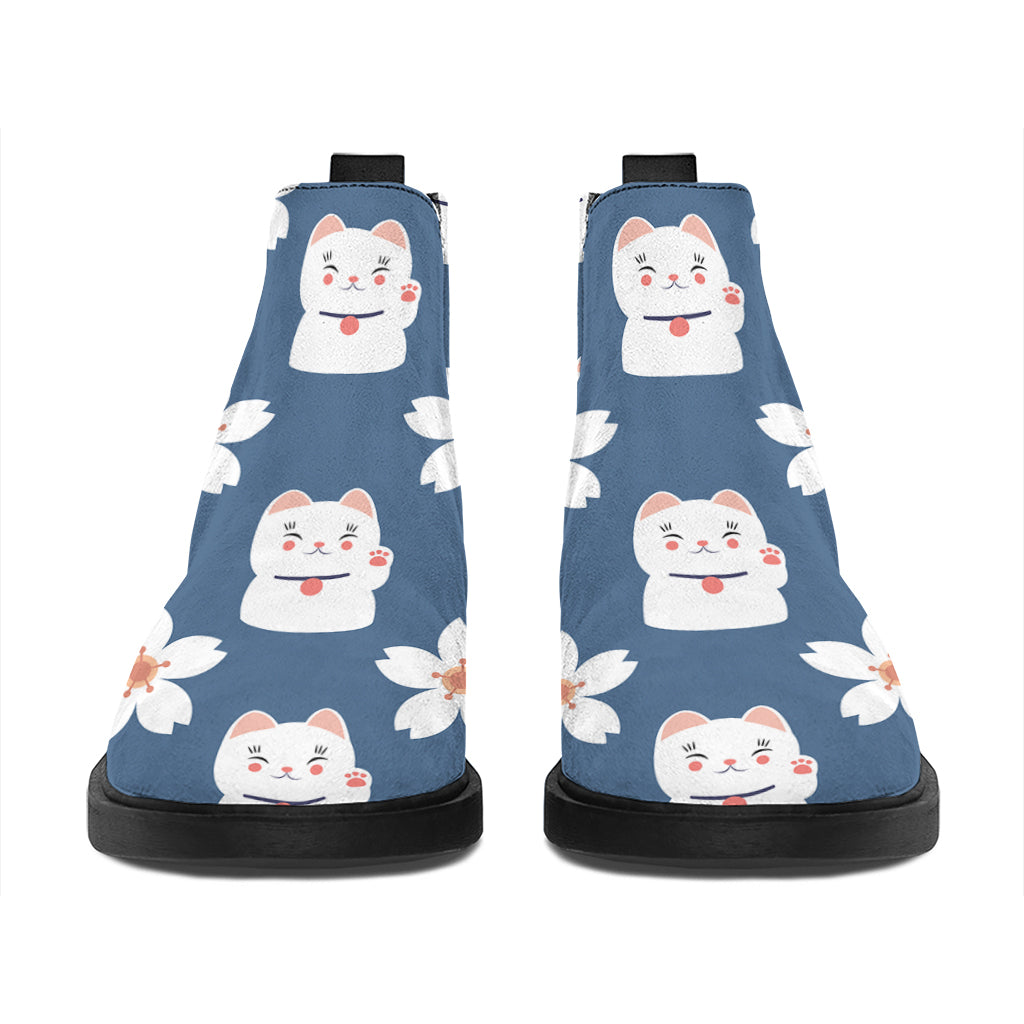 Japanese Lucky Cat And Sakura Print Flat Ankle Boots
