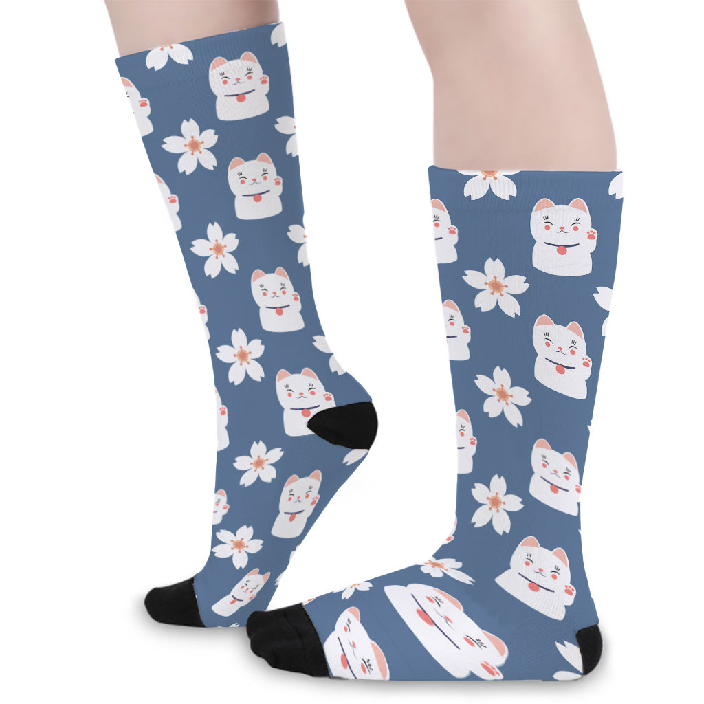 Japanese Lucky Cat And Sakura Print Long Socks