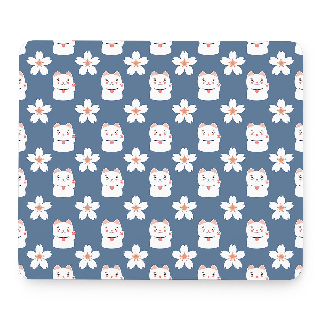 Japanese Lucky Cat And Sakura Print Mouse Pad