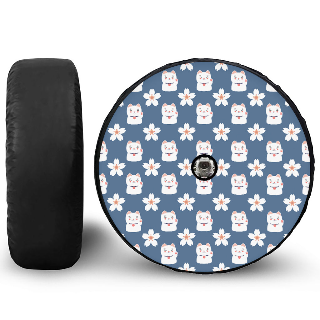 Japanese Lucky Cat And Sakura Print Tire Cover With Camera Hole