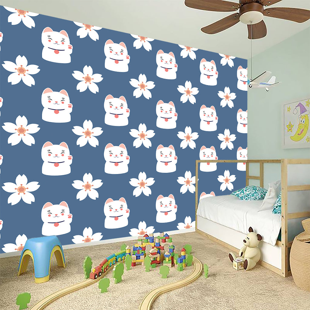 Japanese Lucky Cat And Sakura Print Wall Sticker
