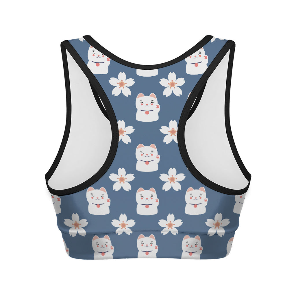 Japanese Lucky Cat And Sakura Print Women's Sports Bra