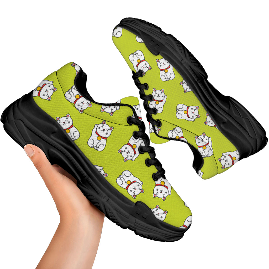Japanese Lucky Cat Cartoon Print Black Chunky Shoes