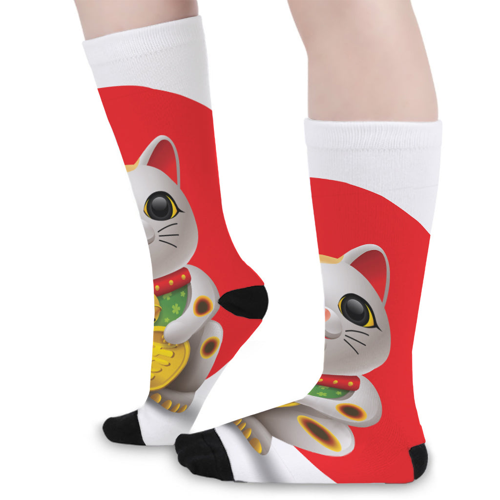 Japanese Lucky Cat Maneki Neko Print Long Socks