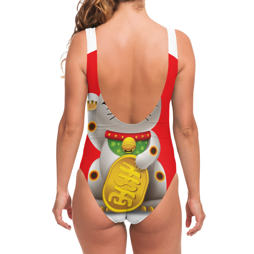 Japanese Lucky Cat Maneki Neko Print One Piece Swimsuit