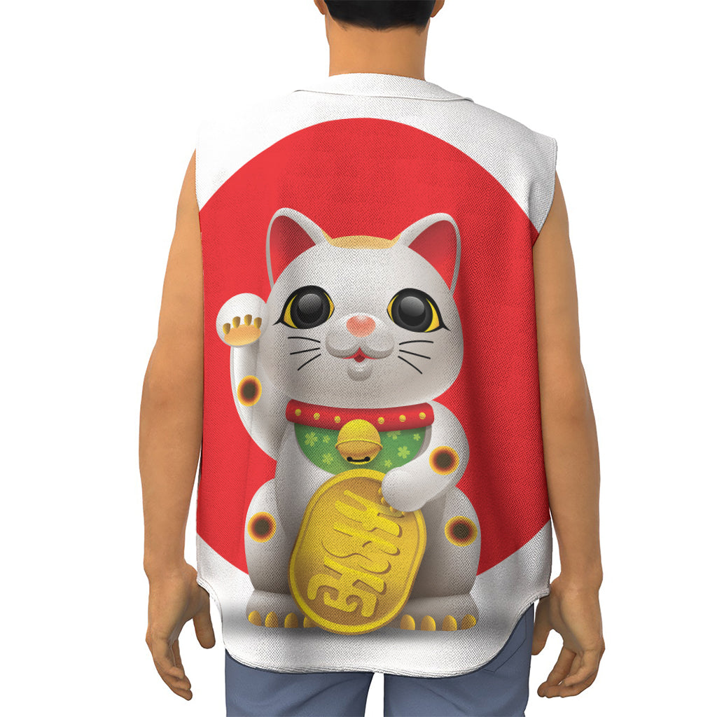 Japanese Lucky Cat Maneki Neko Print Sleeveless Baseball Jersey