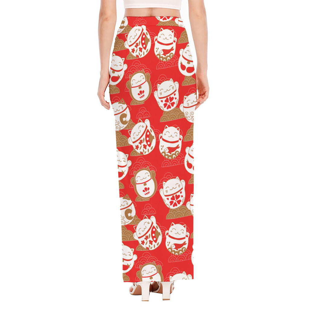 Japanese Lucky Cat Pattern Print High Slit Maxi Skirt