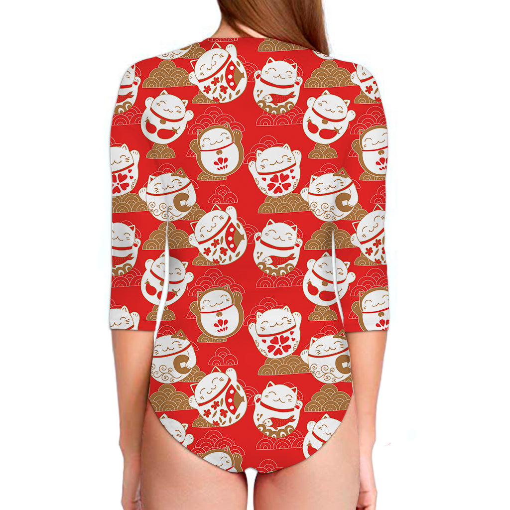 Japanese Lucky Cat Pattern Print Long Sleeve Swimsuit