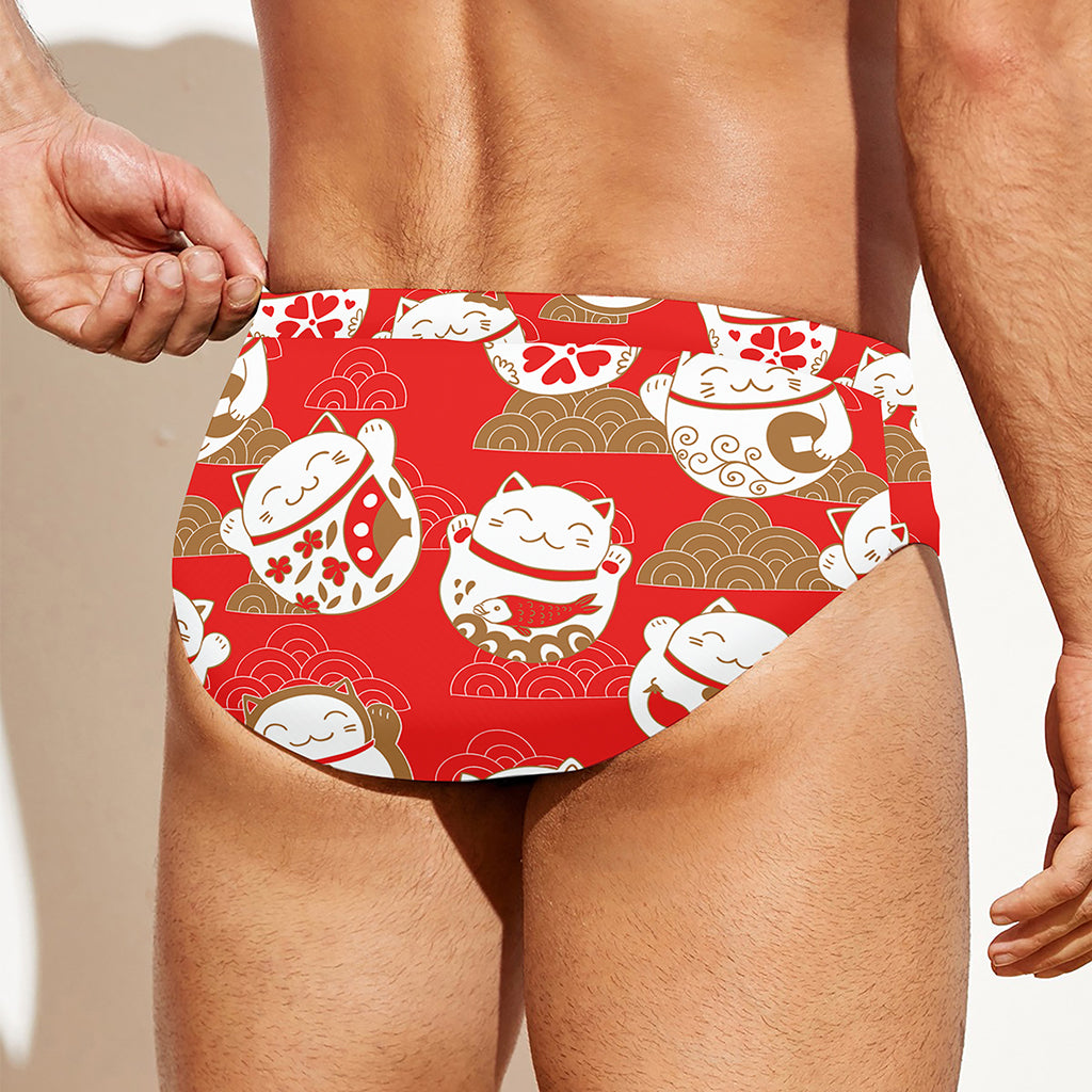 Japanese Lucky Cat Pattern Print Men's Swim Briefs