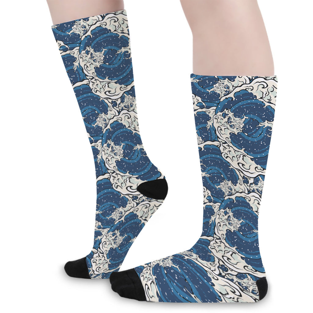 Japanese Ocean Wave Pattern Print Long Socks