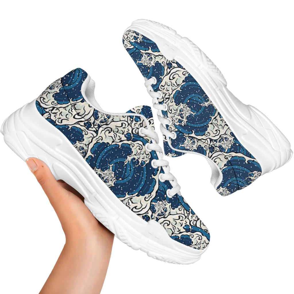 Japanese Ocean Wave Pattern Print White Chunky Shoes