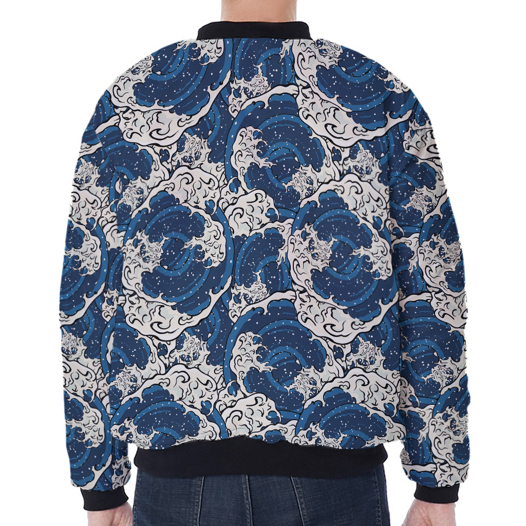Japanese Ocean Wave Pattern Print Zip Sleeve Bomber Jacket