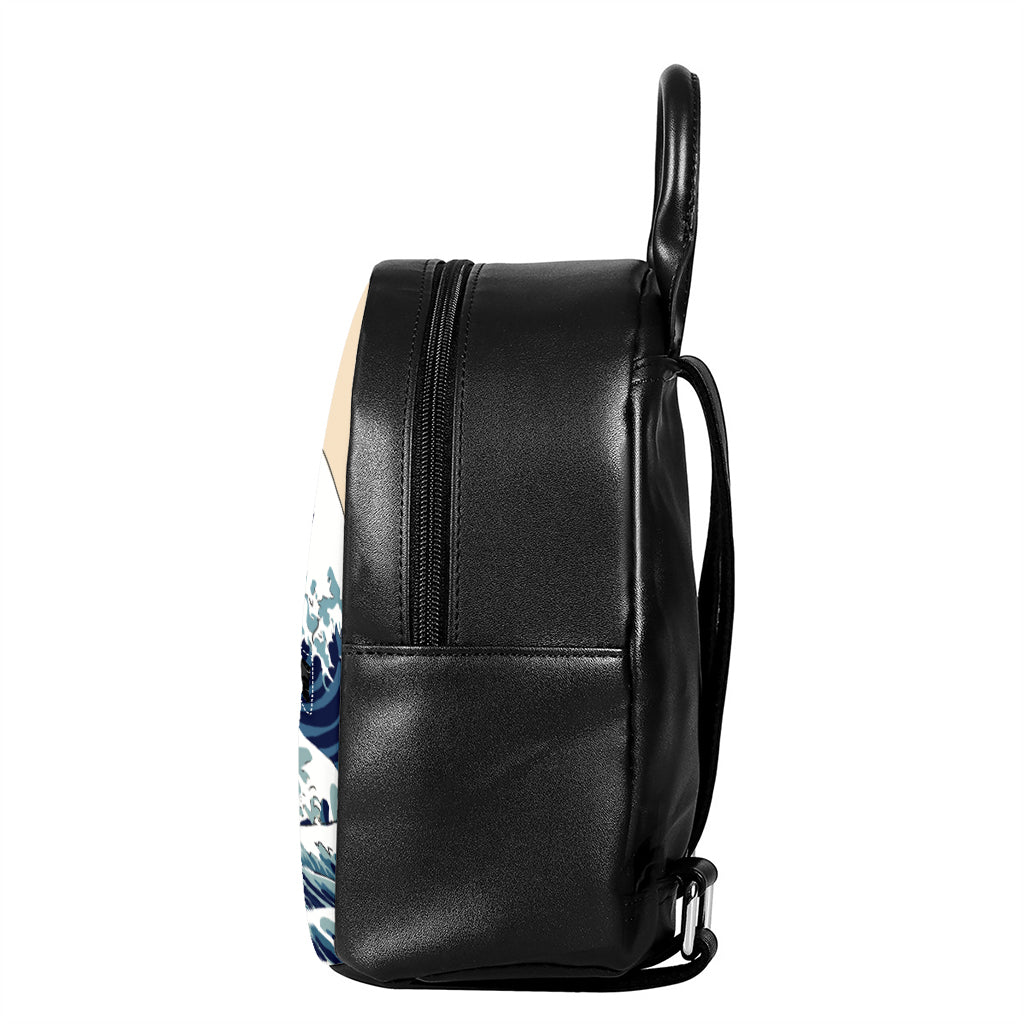 Japanese Ocean Wave Print Leather Backpack