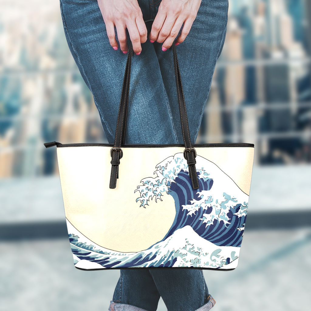 Japanese Ocean Wave Print Leather Tote Bag
