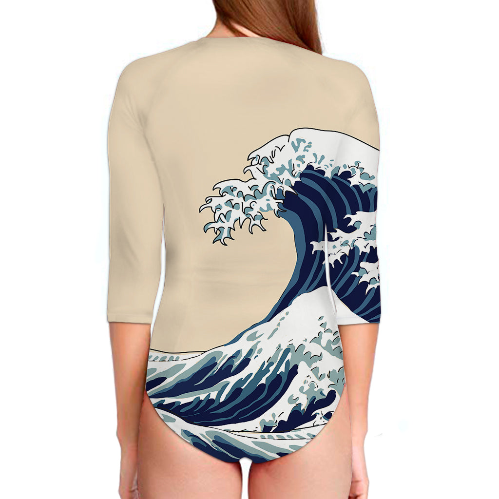Japanese Ocean Wave Print Long Sleeve Swimsuit