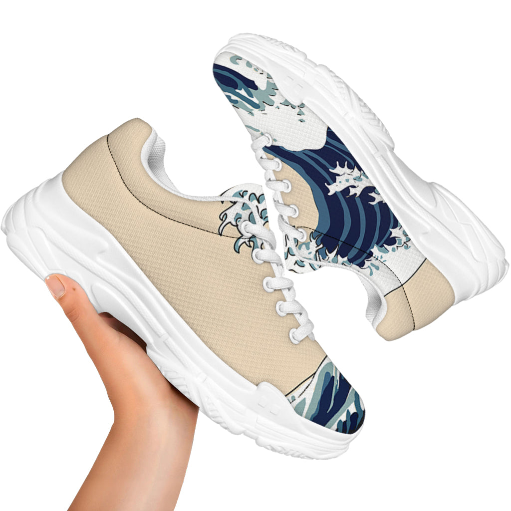 Japanese Ocean Wave Print White Chunky Shoes