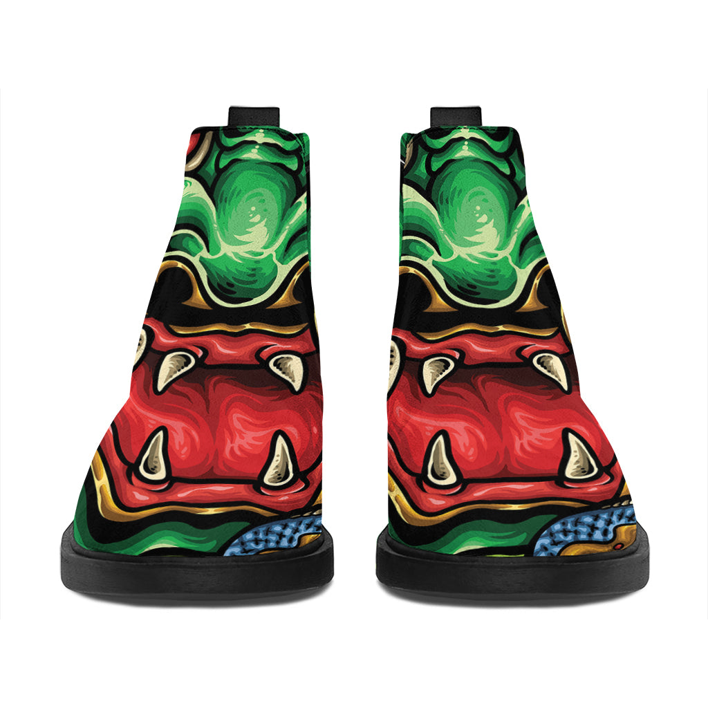 Japanese Oni Demon With Snake Print Flat Ankle Boots