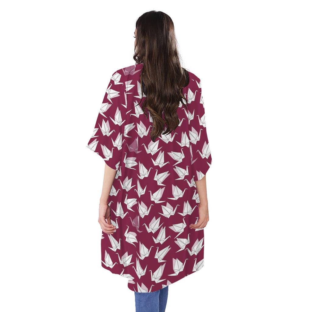 Japanese Origami Crane Pattern Print Open Front Beach Cover Up